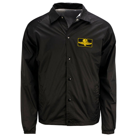 Wing Wheel Flag Coaches Button Up Jacket in black, front view