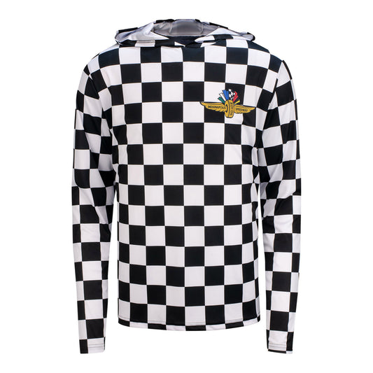 Wing Wheel Flag Checkered Performance Long Sleeve Hooded Shirt in Black & White - Front View