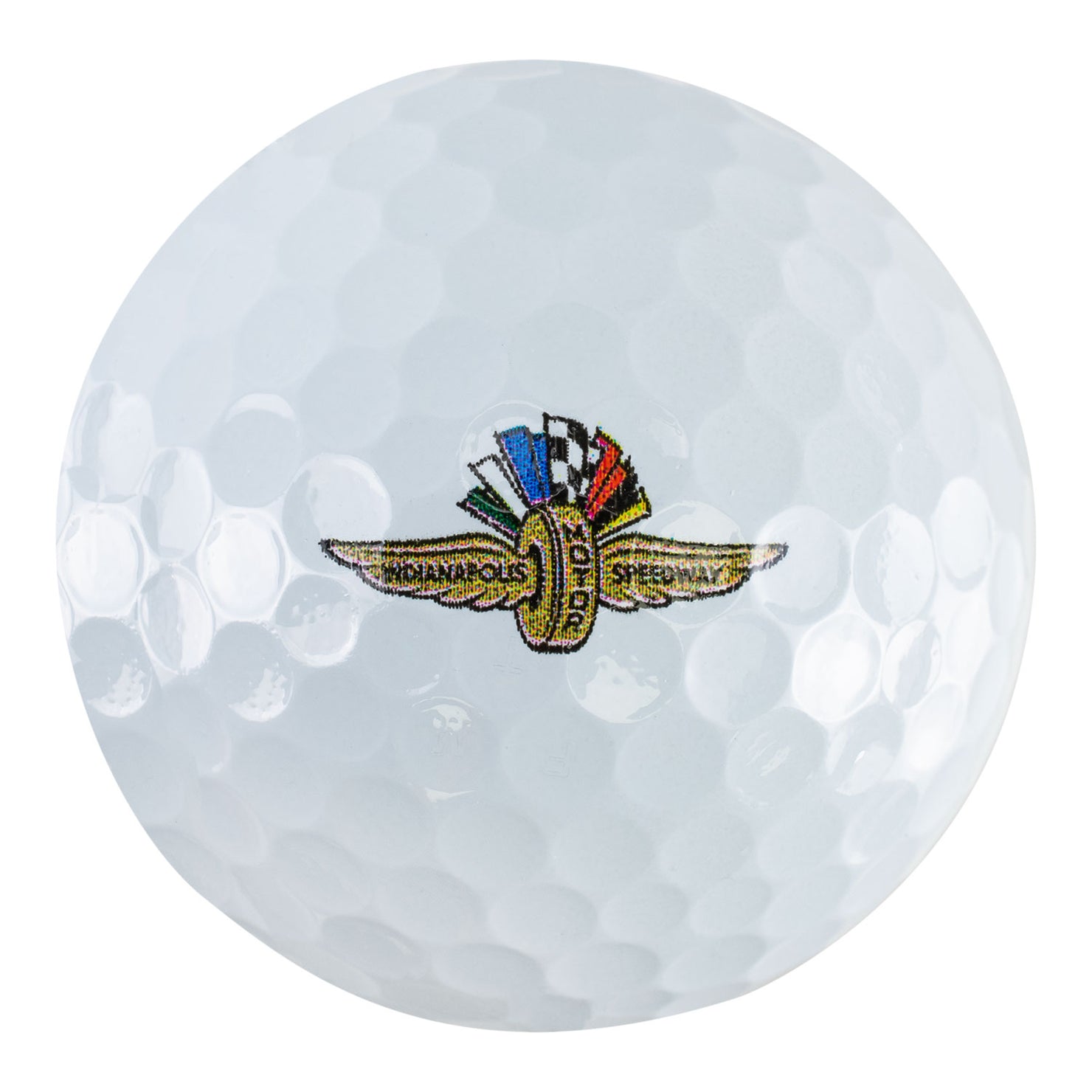 Brickyard Crossing Wing Wheel Flag TaylorMade Golf Balls in white with logo, front side