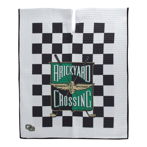 Brickyard Crossing Microfiber Golf Caddy Towel 17"x39" in black and white, front view