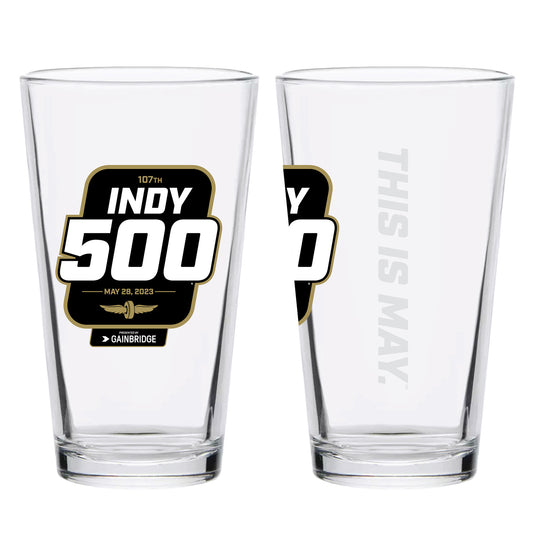 2023 Indy 500 Satin Etch Pint Glass, front and side view