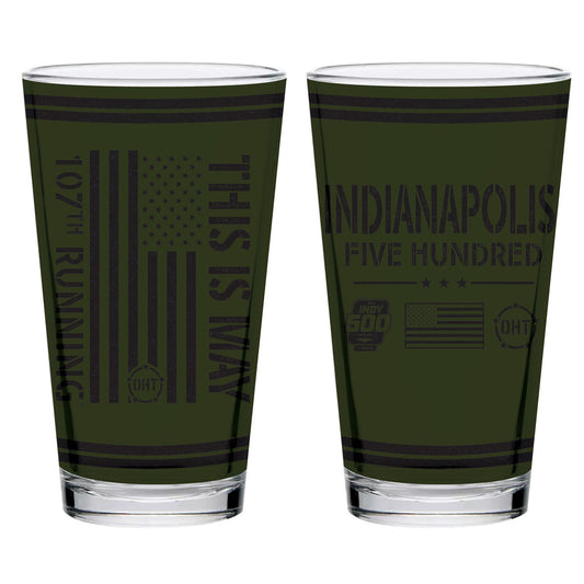 2023 Indy 500 OHT Pint Glass 16oz in green, front view