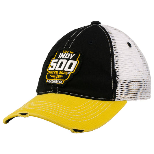2023 Indianapolis 500 Distressed Mesh Hat in Black, Gold & White - Left Side View