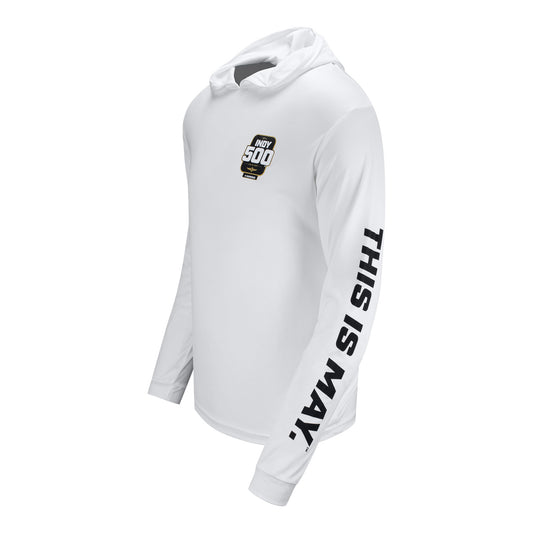 2023 Indianapolis 500 Long Sleeve Performance Hooded Shirt in White - Left Side View Sleeve Hit