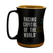 Wing Wheel Flag Sculpted Barista Mug in Black & Gold - Back View Racing Capital of the World text