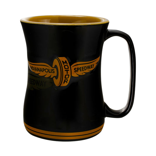 Wing Wheel Flag Sculpted Barista Mug in Black and Gold - Front View