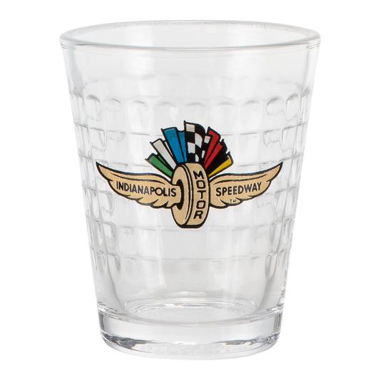 Wing Wheel Flag Clear Checkered Shot Glass in clear and multicolor decal