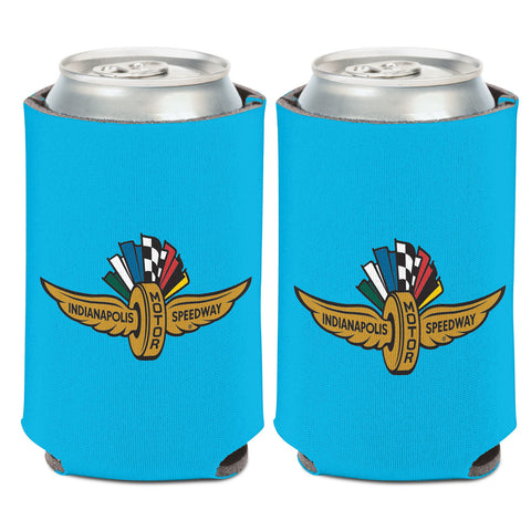 Wing Wheel Flag Neon Blue Can Cooler 12oz - Front and Back View
