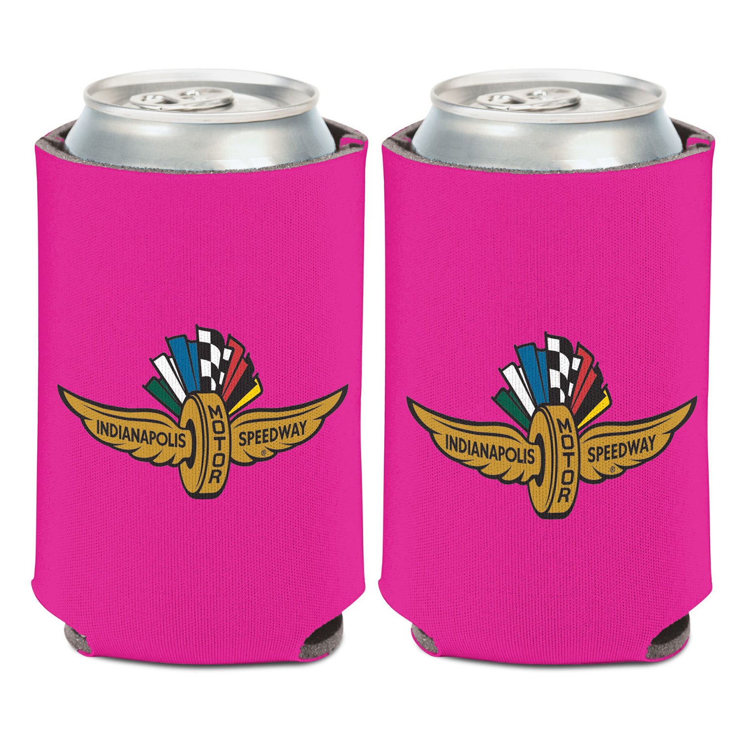 Wing Wheel Flag Neon Pink Can Cooler 12oz - Front and Back View