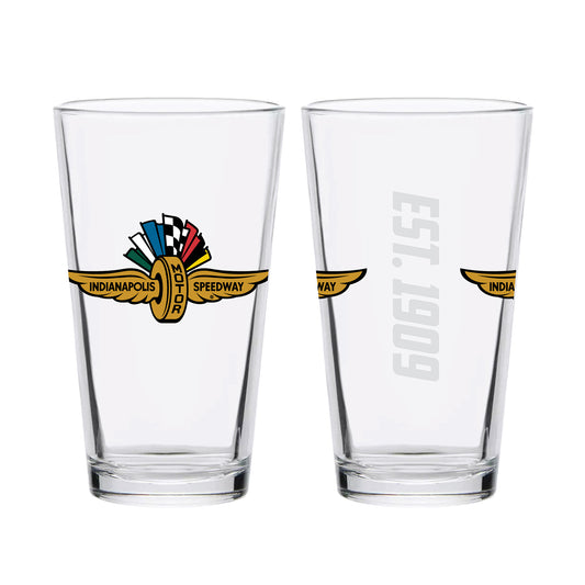 Wing Wheel Flag Est. 1909 Satin Etched Pint Glass 16oz. in multicolor - front and back view