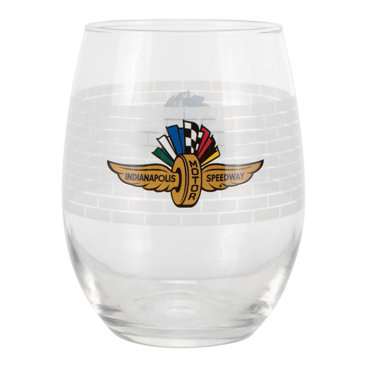 Wing Wheel Flag Stemless Wine Glass in clear with multicolor decal