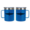 Wing and Wheel Insulated Travel Mug in blue, front and side view