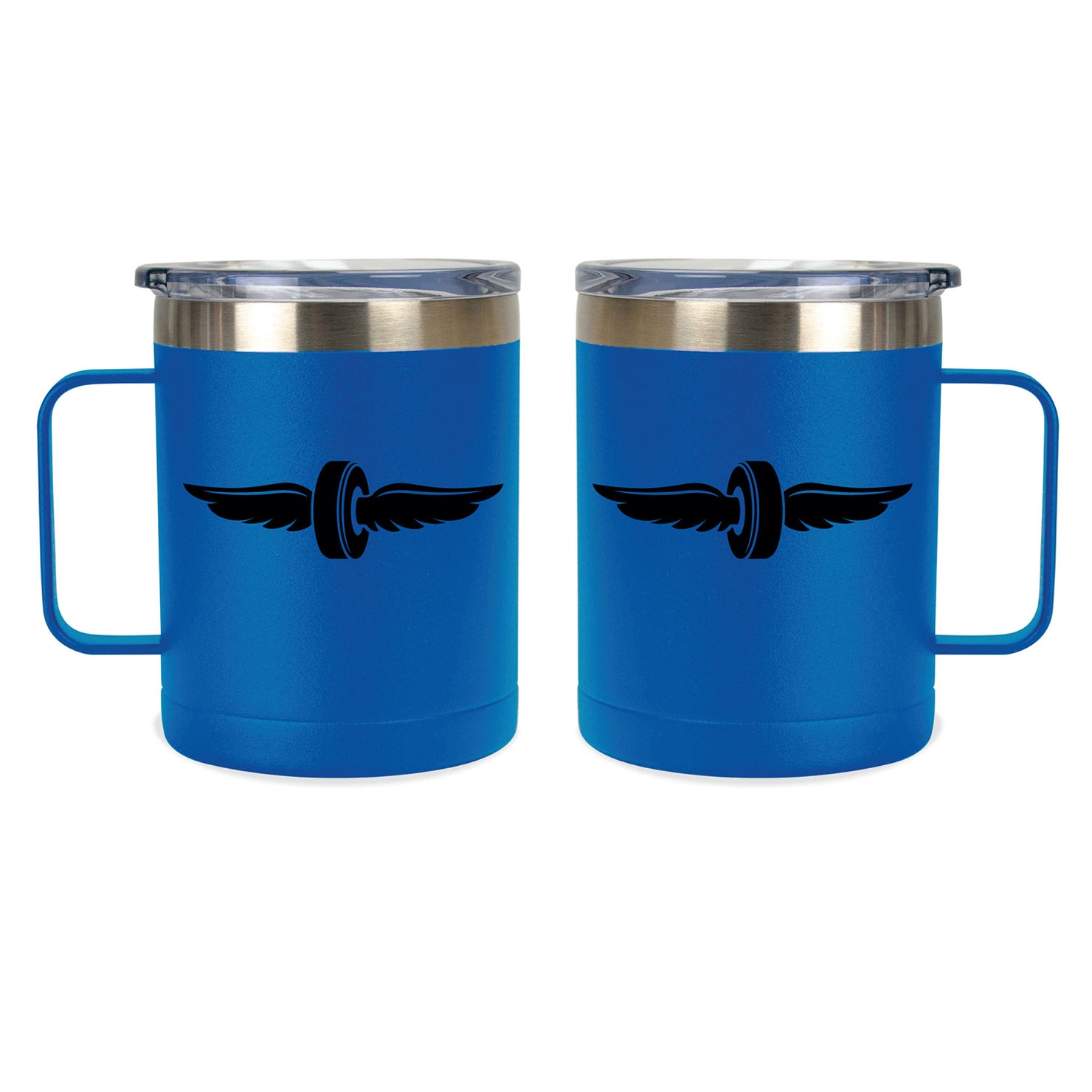 Wing and Wheel Insulated Travel Mug in blue, front and side view