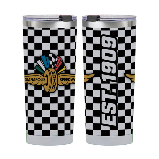 Wing Wheel Flag 1909 Checkered Insulated Tumbler 24oz. in black and white checkered - front and side view