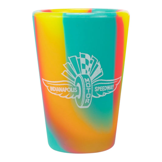 Wing Wheel Flag Silipint Shot Glass in multicolor, front view