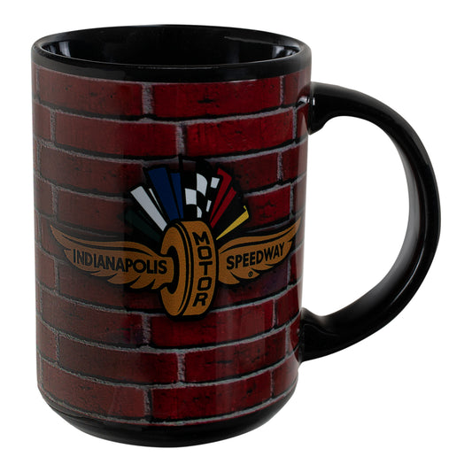 Wing Wheel Flag Mighty Bricks Mug in red brick and black, front view