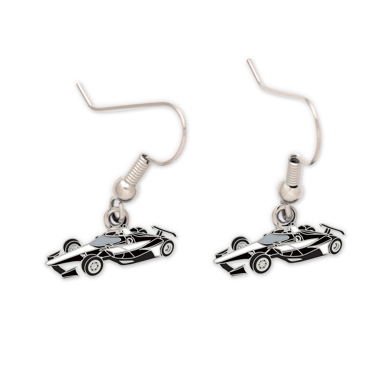 Racecar Dangle Earrings in silver and black metal