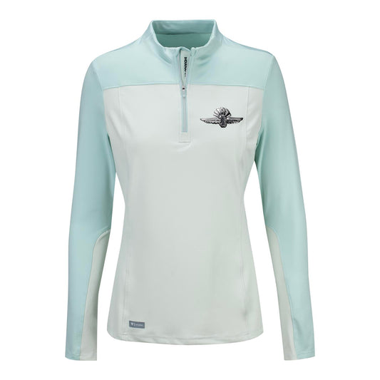 Wing Wheel Flag Bayshore Quarter Zip Pullover in light blue-green, front view