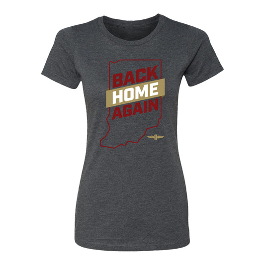 Ladies Back Home Again Indiana State Outline Tee T-shirt in Heather Dark Grey - Front View