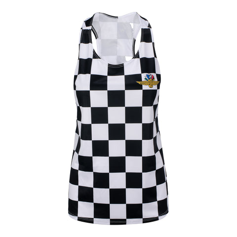 Wing Wheel Flag Checkered Tank in Black and White Checkered Print - Front View