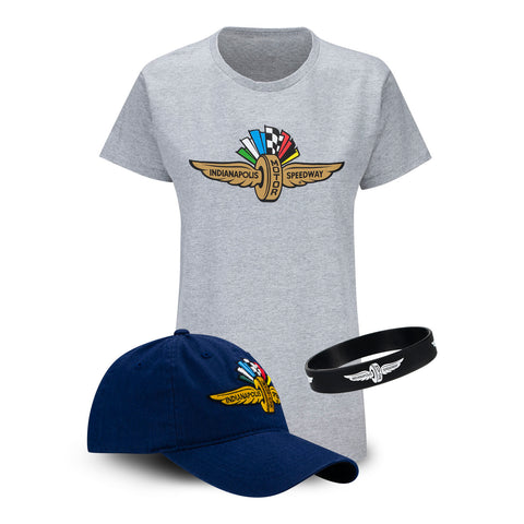 Wing Wheel Flag Hat Tee Combo For Ladies in grey and navy, front view