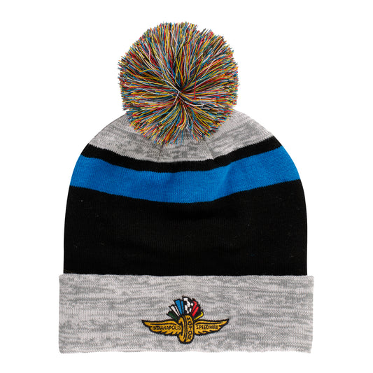Wing Wheel Flag Knit Hat in Grey, Black and Blue - Front View