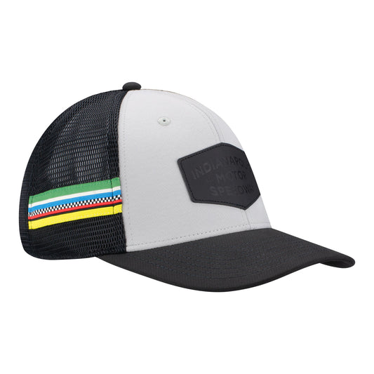 Wing Wheel Flag Stripe Build Patch Mesh Hat in grey and black, front view