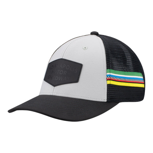 Wing Wheel Flag Stripe Build Patch Mesh Hat in grey and black, side view
