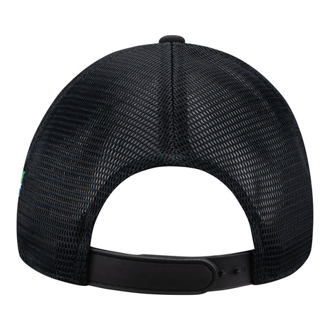 Wing Wheel Flag Stripe Build Patch Mesh Hat in grey and black, back view