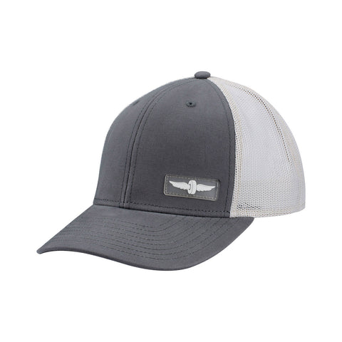 Wing Wheel Flag Rubber Performance Mesh Hat in grey and white, front view