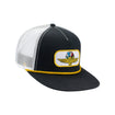Wing Wheel Flag Patch Rope Flat Bill Mesh Hat in black with yellow, side view