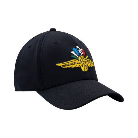 Wing Wheel Flag Unstructured Performance Hat in black, side view