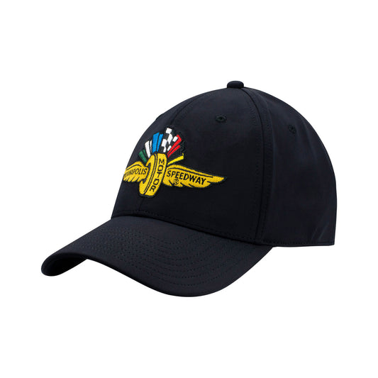 Wing Wheel Flag Unstructured Performance Hat in black, front view