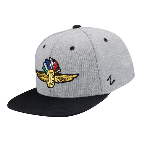 Wing Wheel Flag Revered 3D Hat in grey and black, front view