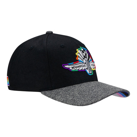 Wing Wheel Flag Pride Hat in black with rainbow features, side view