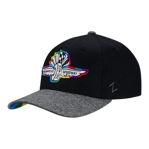 Wing Wheel Flag Pride Hat in black with rainbow features, front view