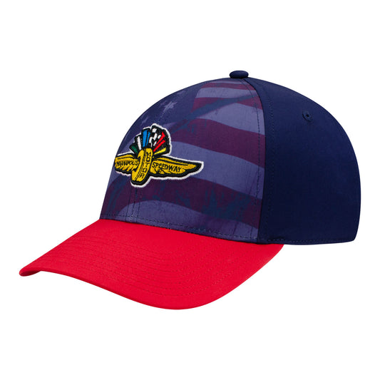 Wing Wheel Flag 4th of July Hat in navy and red, front view