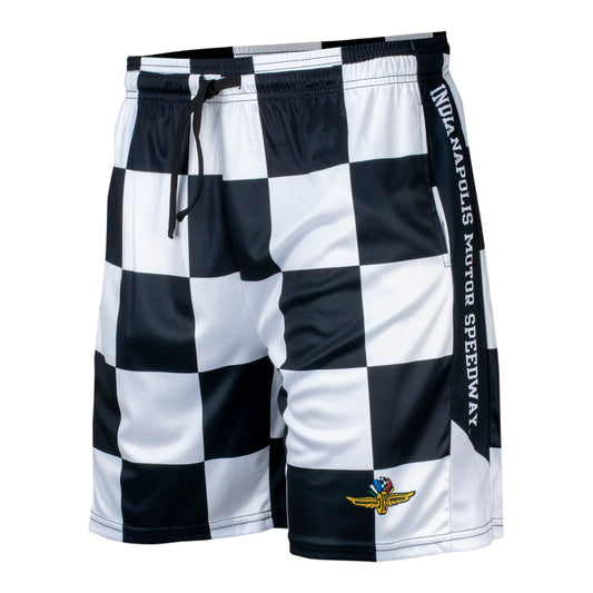 Wing Wheel Flag Mesh Camo Checkered Shorts in black and white