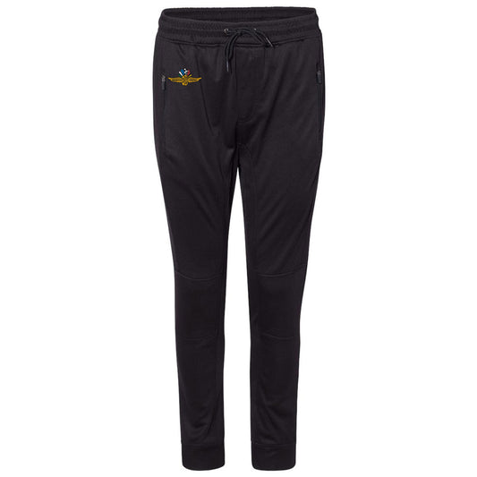 Wing Wheel Flag Performance Joggers in black, front view
