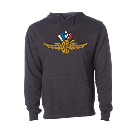 Black Wing/Wheel/Flag Hooded Sweatshirt in Gray - Front View