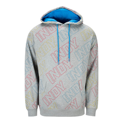 INDY Repeat Text Hooded Sweatshirt in grey, front view