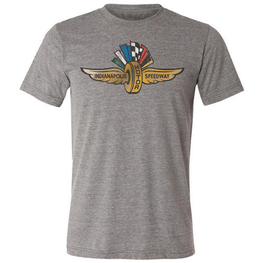 Wing Wheel Flag Distressed Logo Grey T-Shirt - Front View