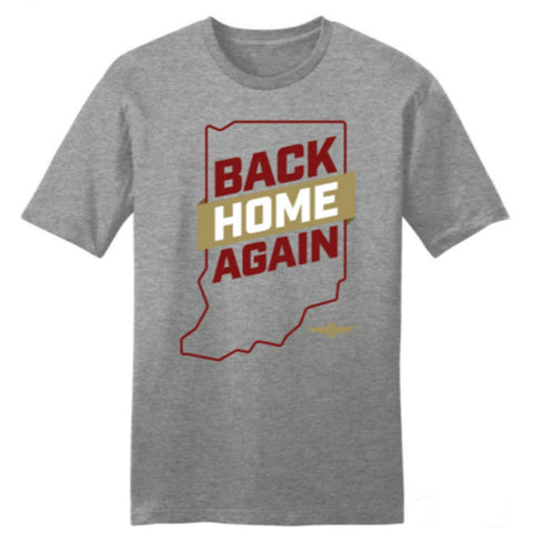 Back Home Again Indiana State Outline T-shirt in Grey- Front View