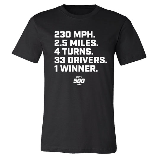 IMS Indy 500 Facts T-shirt in Black- Front View