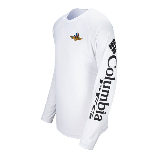 Wing Wheel Flag Columbia PFG Terminal Tackle Long Sleeve in white, back view