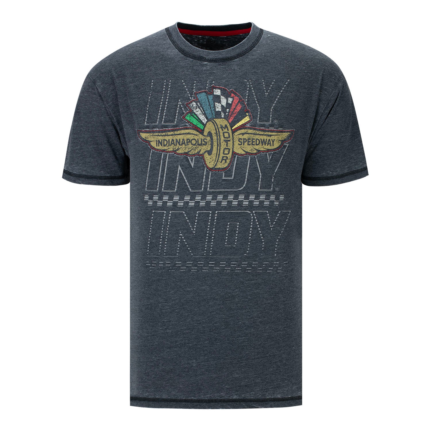 Wing Wheel Flag INDY Repeat Rock Wash T-Shirt in black, front view