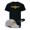 Wing Wheel Flag Hat Tee Combo For Men in black and grey, front view
