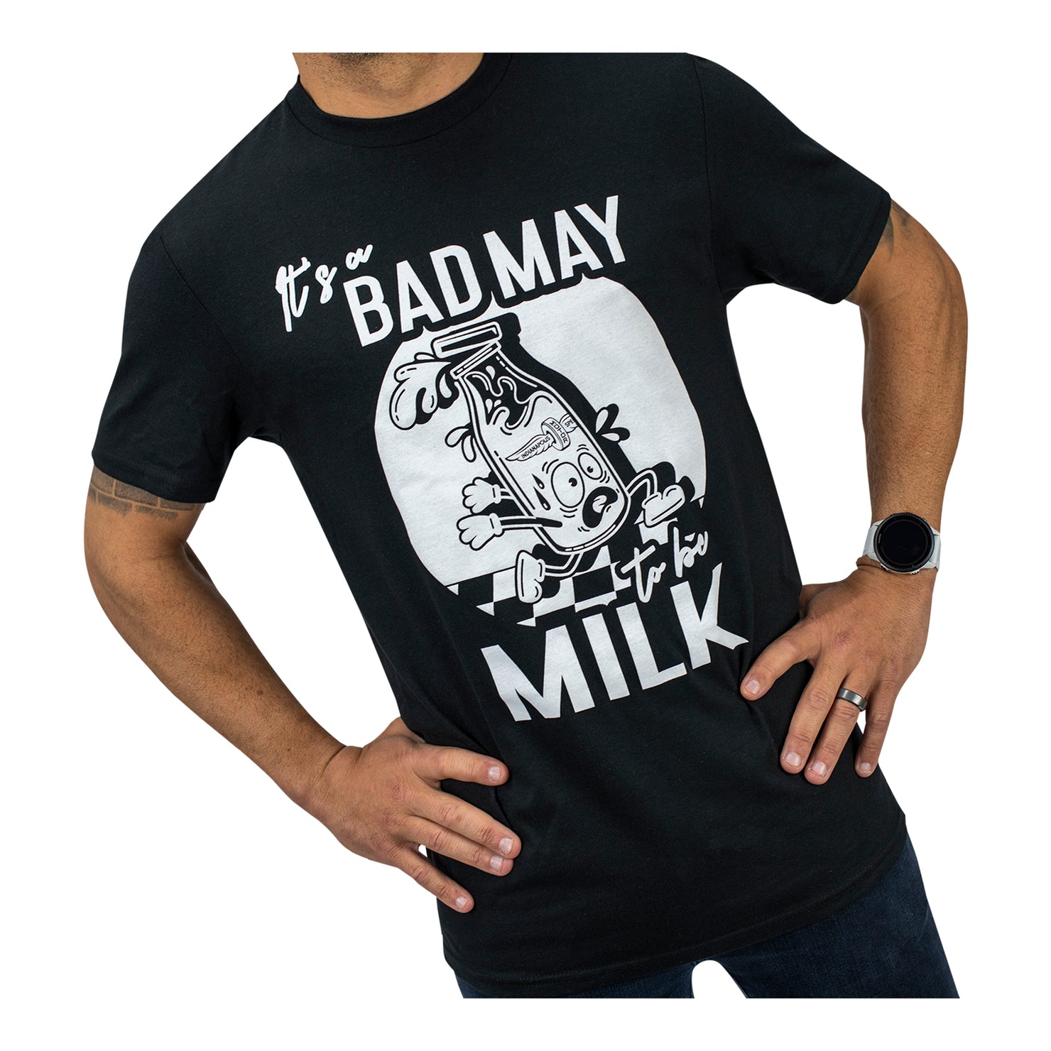 It's a Bad May to Be Milk T-Shirt in Black - Kanaan Front View Zoom In