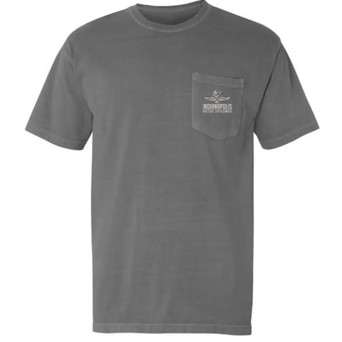 Indianapolis Motor Speedway Comfort Colors Front Pocket T-Shirt in grey, front view