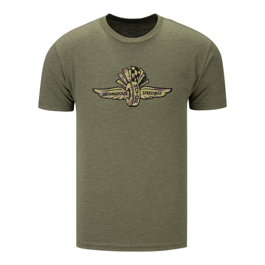 Wing Wheel Flag Camo T-Shirt in Military Green - Front View